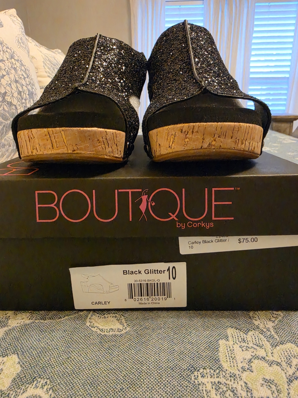 Boutique By Corkys Carley Black Glitter Cork Wedge Sandals Worn Once